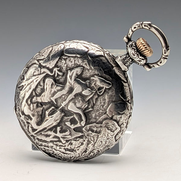 約 1902 年古董浪琴懷錶戰士和船舶雕刻銀側獵人錶殼使用狀況良好